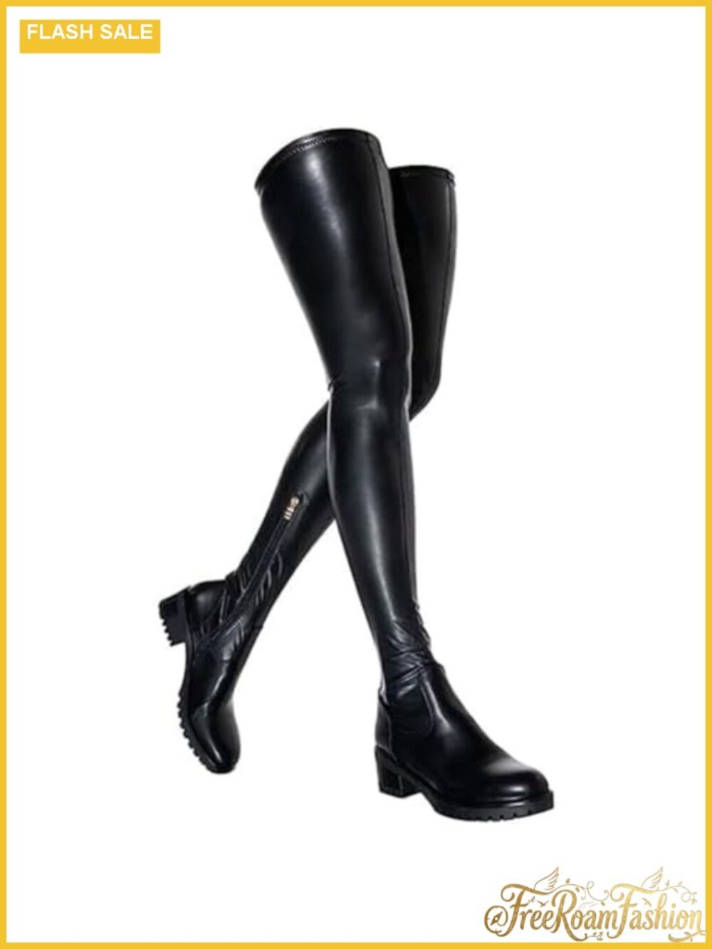 Over The Knee Boots Chunky Heel Slip On Faux Leather Stretch Thigh High